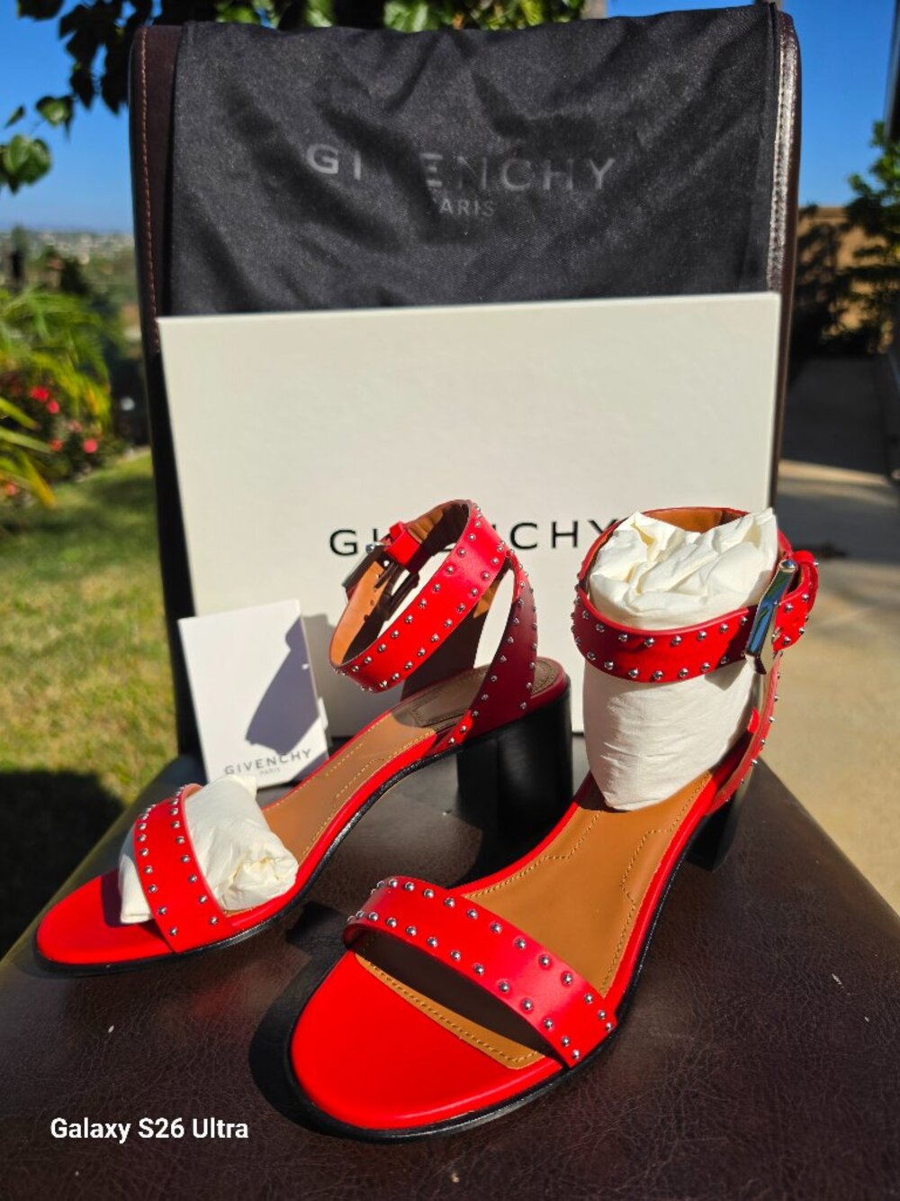 GIVENCHY Poppy Red Calf Leather Elegant 60mm Studded Sandals 37.5 Immaculate